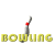 Animated sequence of a gray bowling pin with red band top, shown in three positions above yellow 'BOWLING' text on white background.