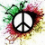 A pixelated peace symbol surrounded by splattered green, red, and yellow colors on a white background.