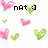 Pixelated heart-shaped icons in pink and green with text phrases 'nAt', 'yea.', and 'Dots me' on a white background.