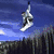 A snowboarder in mid-air against a blue sky, transitioning to landing on snowy terrain with trees below.