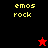 Pixelated icon with 'emos rock' text in yellow on black and red backgrounds, featuring a small red star above a larger black star.