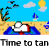 Animated beach scene with a person sunbathing on the sand, transitioning through multiple frames showing gradual changes in skin tone and position.