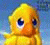 Yellow bird-like creature with large blue eyes and orange beak appears in two distinct poses against different backgrounds.