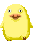 Six pixelated yellow chick icons arranged in two on a gray background, each with distinct poses and expressions