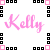 A pixelated graphic with two versions of the name 'Kelly' in different styles and colors, framed by a border of black and pink squares.