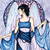Pixelated figure in blue dress with white accents, black hair, and large translucent wings, standing against light blue background.