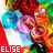 repeating pixelated images featuring red roses, blue spheres, and purple shapes on a red background with white text "ELISE" in the top-left corner of each