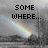 Pixelated static image with black text reading 'SOME WHERE...' over a grayscale background featuring a rainbow arc.
