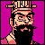 Pixel art icon of a character with a large mustache and hat holding a smoking pipe against a solid magenta background.