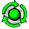 Six circular icons with green arrows and central green spheres on gray backgrounds, showing sequential animation frames.