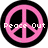 Two circular pink peace signs on black backgrounds with pixelated text overlays; one displays 'Peace Out' and the other shows 'C3'.