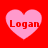 Four pink heart shapes on a red background, each containing the text "Logan" in red pixelated font.