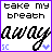 A contact sheet of five animated frames showing a text-based buddy icon with "take my breath away" in pixelated and cursive fonts, featuring an 'SC' watermark and heart symbol.
