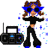 Pixelated character with brown hair and blue sunglasses holds a black boombox against gray background.