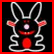 Pixelated bunny icon with silver outline, red cheeks, and a wide red mouth on black background.