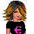 Pixel art of a punk rocker character with brown and black hair, wearing a black t-shirt with pink € symbol, polka-dot pants, wristbands, and holding a small object.