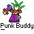 Pixel art buddy icon featuring a cartoon character with green spiky hair, holding a skateboard and wearing colorful clothing, displayed in two identical frames on a gray background with promotional text.