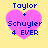 Four identical pixelated heart-shaped icons with blue text on a yellow background, each displaying 'Taylor + Schuyler 4 EVER' in a retro digital style.