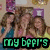 Three people with brown hair pose together under purple banners, with green pixelated text reading 'my bffs' at the bottom.