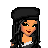 Pixel art of a female character with long black hair wearing a beret, white crop top, and thigh-high boots; another view shows her holding a black bag with an F logo.