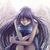 Anime-style character with long dark hair and blue top in a hugging pose, rendered as pixelated animation.