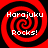 Four identical red and black spiral patterns with white text reading "Harajuku Rocks!" arranged in a on a solid black background