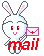 Pixelated white rabbit with pink inner ears holds a pink envelope icon; red and blue text below changes across frames.