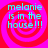 Four identical display cyan text 'melanie is in the house!!!' over red and pink spiral backgrounds