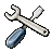 Pixelated wrench and screwdriver crossed on gray background with blue handle, rendered in low-resolution 8-bit style.