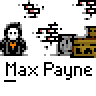 Pixel art animation of a character in multiple states including standing, firing a weapon, and moving through debris with repeated text "Max Payne:" below each frame.