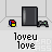 Pixelated icon with dark rectangular portal, game controller, and small red-yellow cube; text 'loveu love' below; some frames show colored splatters on the portal.