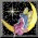 Animated icon shows a character in a pink dress with blue accents against a black background, surrounded by a glowing yellow crescent shape.