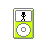 Pixelated green and gray device with white circular control, displaying a black stick figure in six distinct poses