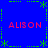 Blue background with green dotted border and star motifs, four red "ALISON" text instances arranged in a pattern