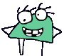 Green cartoon character with large white eyes, black pupils, and spiky eyelashes; triangular body, stick arms, two legs; mouth alternates between wide grin showing teeth and closed smile.