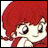 Pixelated anime-style character with red hair and large eyes, positioned next to stylized text on a black background.