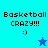 Pixelated text "Basketball CRAZY!!!" with a smiley face and star symbol on cyan, blue, dark blue, and light blue backgrounds.