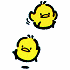 Two yellow cartoon birds with black outlines, one above the other; top bird has open beak and raised wing, bottom bird has closed beak.