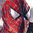A pixelated Spider-Man face in red and blue costume with white eyes, alongside text on dark blue backgrounds