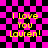 Yellow text on a pink and black checkered background with animated distortion effects.