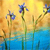 Pixelated image of three blue flowers with green stems against a yellow-orange gradient background and blue lower section.