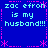 Blue background with cyan text 'zac efron is my husband!!!' repeated four times in a , bordered by pink dashed lines and asterisks