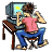 Pixelated character in pink shirt and blue jeans sits at desk with CRT monitor, performing arm movements