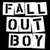 Black background with white block letters spelling FALL OUT BOY on left, four people in casual clothing standing together on right.
