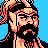 Pixelated 48x48 static icon of a bearded man with dark hair and glasses against a solid blue background, rendered in limited color palette with visible dithering.