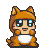 A 4x3 contact sheet of pixel art frames showing a small orange cat-like creature in various poses and expressions with blue eyes, white chest patch, and brown ears against a gray background.