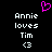 Pixelated text reads 'Annie loves Tim <3' with a pink heart symbol above the text on black background.