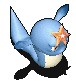 Blue cartoon creature with star on forehead, white underbelly, and wing-like appendages in six sequential poses showing head rotation and mouth movement.