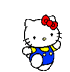 White cat with red bow, blue overalls, and yellow accents in a of 20 poses showing varied leg positions and facial expressions
