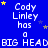 Blue background with white text repeating 'Cody Linley has a BIG HEAD' in a pattern, yellow and gray stars scattered throughout